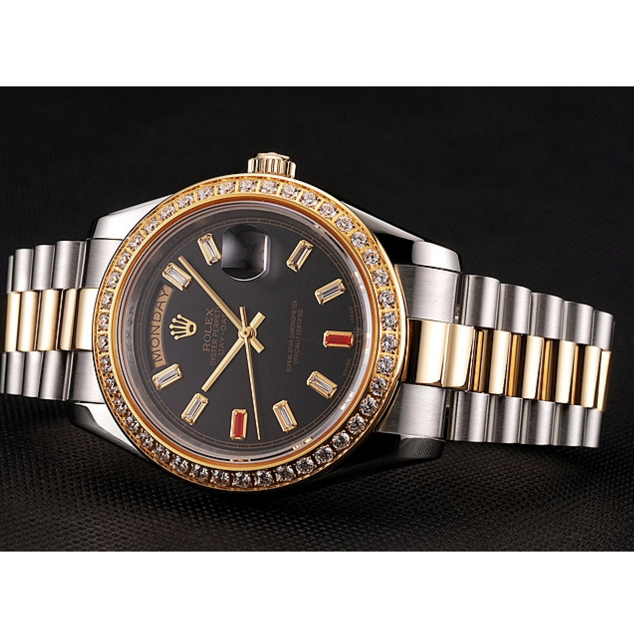 Aaa replica watch Day-Date And Bracelet Rubies Tone Diamonds 1454105 Dial Two Rolex Black Swiss 0824